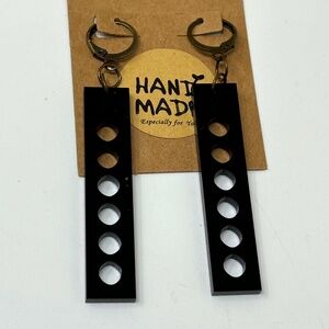 Handmade Dangle Earrings Black Acrylic Pierced Rectangles Bronze Tone Hoops